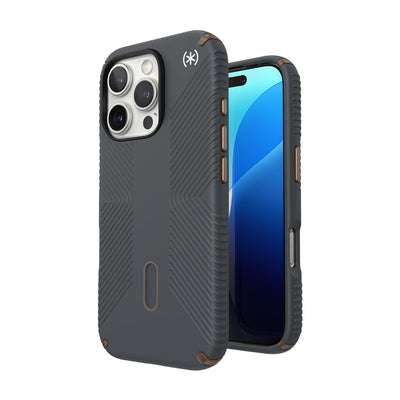 Three-quarter view of back of phone case with phone inside shown over top of front view of phone case with phone inside#color_charcoal-grey-cool-bronze