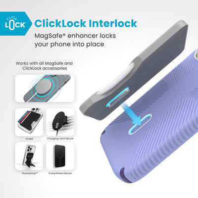 A ClickLock Wallet accessory hovers over the back of the phone case with interlock bolt extended and arrow pointing to bolt receptacle in case. Text reads ClickLock interlock: MagSafe enhancer locks your phone into place. Works with all MagSafe and ClickLock accessories#color_future-lavender-cassis-purple