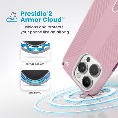 A corner of the case impacts the ground - a diagram shows interior cushion of phone before impact and on impact. Text reads Presidio2 Armor Cloud: Cushions and protects your phone like an airbag#color_wednesday-pink-boysenberry-purple