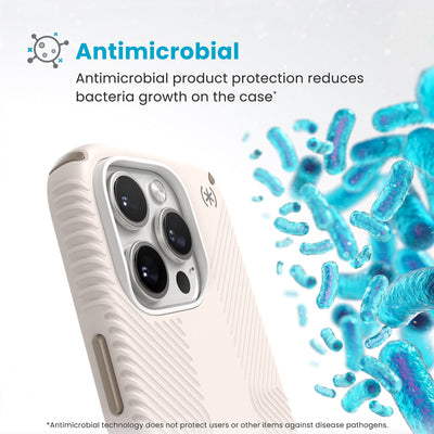 Bacteria is shown around phone case but not on it. Text reads Antimicrobial: Antimicrobial product protection reduces bacteria growth on the case (Antimicrobial technology does not protect users or other items against disease pathogens)#color_bleached-bone-heirloom-gold