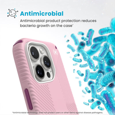 Bacteria is shown around phone case but not on it. Text reads Antimicrobial: Antimicrobial product protection reduces bacteria growth on the case (Antimicrobial technology does not protect users or other items against disease pathogens)#color_wednesday-pink-boysenberry-purple