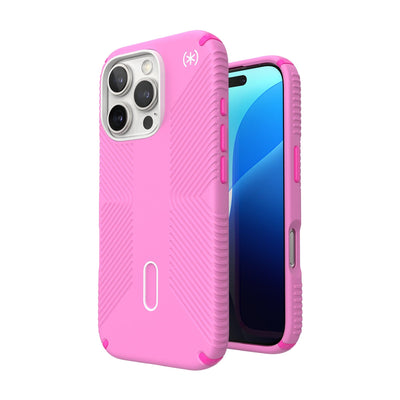 Three-quarter view of back of phone case with phone inside shown over top of front view of phone case with phone inside#color_true-pink-shocking-pink