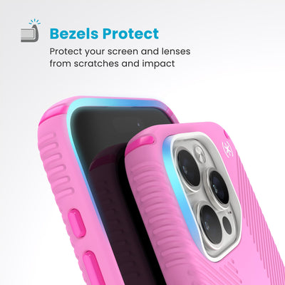 Raised bezels around phone screen and camera are highlighted. Text reads Bezels Protect: Protect your screen and lenses from scratches and impact#color_true-pink-shocking-pink