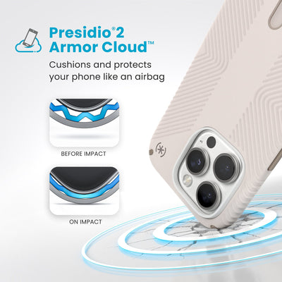 A corner of the case impacts the ground - a diagram shows interior cushion of phone before impact and on impact. Text reads Presidio2 Armor Cloud: Cushions and protects your phone like an airbag#color_bleached-bone-heirloom-gold