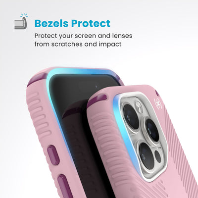 Raised bezels around phone screen and camera are highlighted. Text reads Bezels Protect: Protect your screen and lenses from scratches and impact#color_wednesday-pink-boysenberry-purple