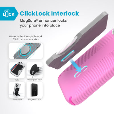 A ClickLock Wallet accessory hovers over the back of the phone case with interlock bolt extended and arrow pointing to bolt receptacle in case. Text reads ClickLock interlock: MagSafe enhancer locks your phone into place. Works with all MagSafe and ClickLock accessories#color_true-pink-shocking-pink