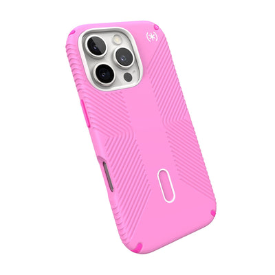 Tilted slight perspective view of back of phone case with phone inside#color_true-pink-shocking-pink