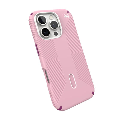 Tilted slight perspective view of back of phone case with phone inside#color_wednesday-pink-boysenberry-purple