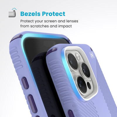 Raised bezels around phone screen and camera are highlighted. Text reads Bezels Protect: Protect your screen and lenses from scratches and impact#color_future-lavender-cassis-purple