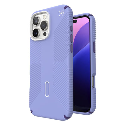 Three-quarter view of back of phone case with phone inside shown over top of front view of phone case with phone inside#color_future-lavender-cassis-purple