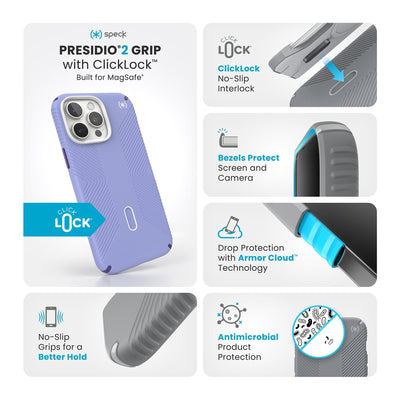 Various close-ups of case are shown. Text reads Speck Presidio2 Grip MagSafe with ClickLock: Built for MagSafe, no-slip grips for a better hold, ClickLock no-slip interlock, bezels protect screen and camera, drop protection with Armor Cloud Technology, antimicrobial product protection#color_future-lavender-cassis-purple