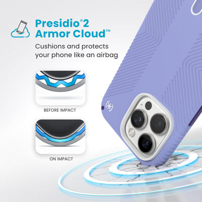 A corner of the case impacts the ground - a diagram shows interior cushion of phone before impact and on impact. Text reads Presidio2 Armor Cloud: Cushions and protects your phone like an airbag#color_future-lavender-cassis-purple