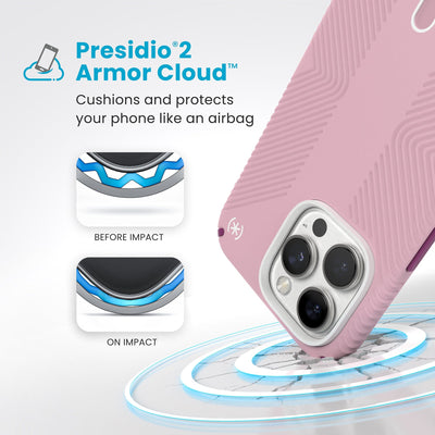 A corner of the case impacts the ground - a diagram shows interior cushion of phone before impact and on impact. Text reads Presidio2 Armor Cloud: Cushions and protects your phone like an airbag#color_wednesday-pink-boysenberry-purple