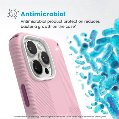 Bacteria is shown around phone case but not on it. Text reads Antimicrobial: Antimicrobial product protection reduces bacteria growth on the case (Antimicrobial technology does not protect users or other items against disease pathogens)#color_wednesday-pink-boysenberry-purple