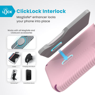 A ClickLock Wallet accessory hovers over the back of the phone case with interlock bolt extended and arrow pointing to bolt receptacle in case. Text reads ClickLock interlock: MagSafe enhancer locks your phone into place. Works with all MagSafe and ClickLock accessories#color_wednesday-pink-boysenberry-purple