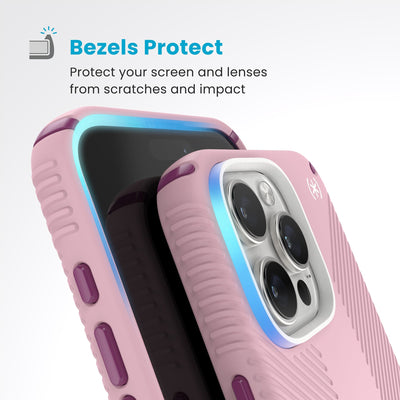 Bacteria is shown around phone case but not on it. Text reads Antimicrobial: Antimicrobial product protection reduces bacteria growth on the case (Antimicrobial technology does not protect users or other items against disease pathogens)#color_wednesday-pink-boysenberry-purple