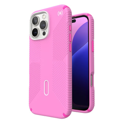 Three-quarter view of back of phone case with phone inside shown over top of front view of phone case with phone inside#color_true-pink-shocking-pink