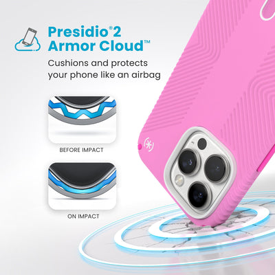 A corner of the case impacts the ground - a diagram shows interior cushion of phone before impact and on impact. Text reads Presidio2 Armor Cloud: Cushions and protects your phone like an airbag#color_true-pink-shocking-pink