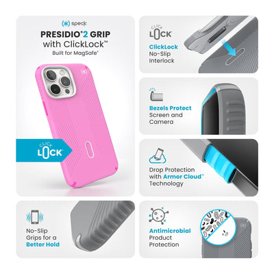 Various close-ups of case are shown. Text reads Speck Presidio2 Grip MagSafe with ClickLock: Built for MagSafe, no-slip grips for a better hold, ClickLock no-slip interlock, bezels protect screen and camera, drop protection with Armor Cloud Technology, antimicrobial product protection#color_true-pink-shocking-pink