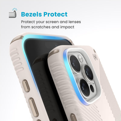 Raised bezels around phone screen and camera are highlighted. Text reads Bezels Protect: Protect your screen and lenses from scratches and impact#color_bleached-bone-heirloom-gold