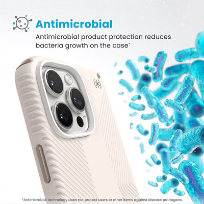 Bacteria is shown around phone case but not on it. Text reads Antimicrobial: Antimicrobial product protection reduces bacteria growth on the case (Antimicrobial technology does not protect users or other items against disease pathogens)#color_bleached-bone-heirloom-gold