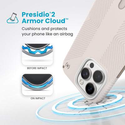 A corner of the case impacts the ground - a diagram shows interior cushion of phone before impact and on impact. Text reads Presidio2 Armor Cloud: Cushions and protects your phone like an airbag#color_bleached-bone-heirloom-gold