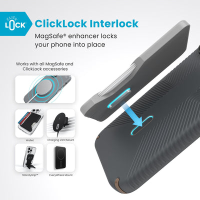 A ClickLock Wallet accessory hovers over the back of the phone case with interlock bolt extended and arrow pointing to bolt receptacle in case. Text reads ClickLock interlock: MagSafe enhancer locks your phone into place. Works with all MagSafe and ClickLock accessories#color_charcoal-grey-cool-bronze