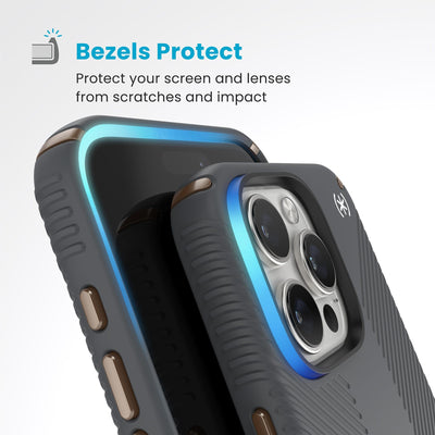 Raised bezels around phone screen and camera are highlighted. Text reads Bezels Protect: Protect your screen and lenses from scratches and impact#color_charcoal-grey-cool-bronze