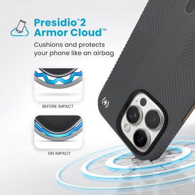 A corner of the case impacts the ground - a diagram shows interior cushion of phone before impact and on impact. Text reads Presidio2 Armor Cloud: Cushions and protects your phone like an airbag#color_charcoal-grey-cool-bronze