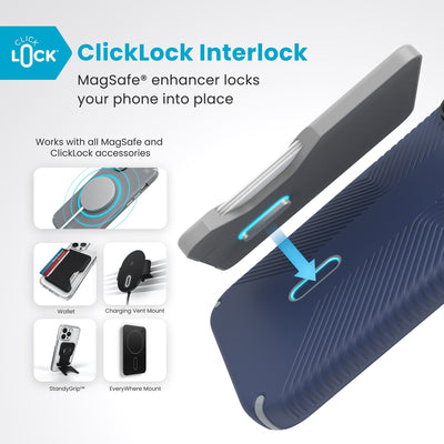 A ClickLock Wallet accessory hovers over the back of the phone case with interlock bolt extended and arrow pointing to bolt receptacle in case. Text reads ClickLock interlock: MagSafe enhancer locks your phone into place. Works with all MagSafe and ClickLock accessories#color_coastal-blue-dust-grey