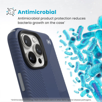 Bacteria is shown around phone case but not on it. Text reads Antimicrobial: Antimicrobial product protection reduces bacteria growth on the case (Antimicrobial technology does not protect users or other items against disease pathogens)#color_coastal-blue-dust-grey