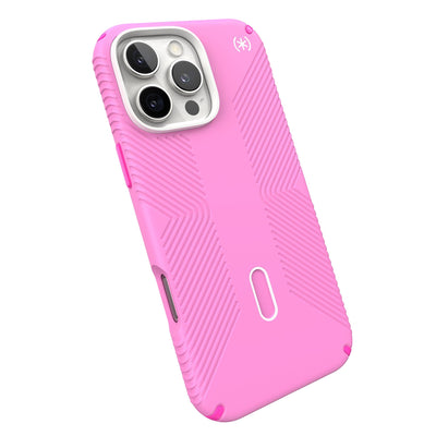 Tilted slight perspective view of back of phone case with phone inside#color_true-pink-shocking-pink