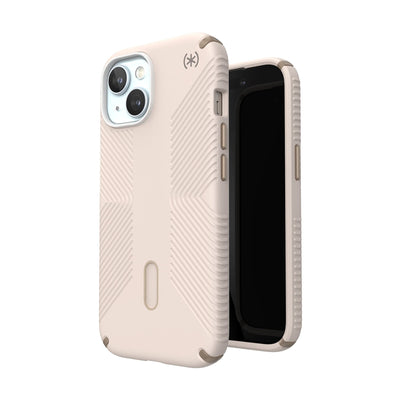Three-quarter view of back of phone case simultaneously shown with three-quarter front view of phone case.#color_bleached-bone-heirloom-gold