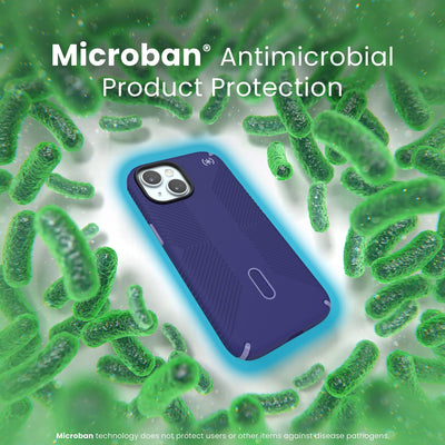 A case with phone inside is surrounded by bacteria. A blue halo around the phone keeps the bacteria away. Text reads Microban antimicrobial product protection. Microban technology does not protect users or other items against disease pathogens.#color_future-blue-purple-ink