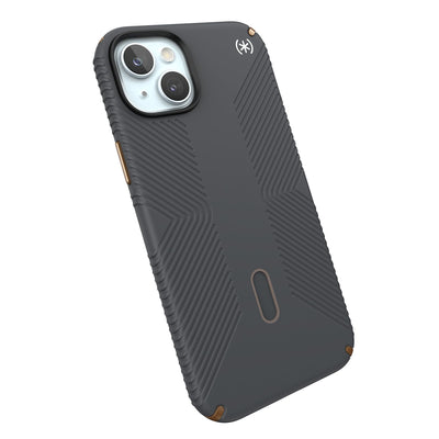 Tilted three-quarter angled view of back of phone case.#color_charcoal-grey-cool-bronze