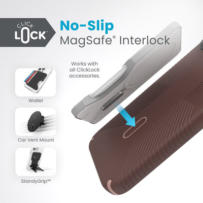 A ClickLock Wallet hovers above a ClickLock case with interlock bolt extended and arrow pointing to bolt receptacle on case. Text in image reads ClickLock No-Slip MagSafe Interlock. Works with all ClickLock accessories - Wallet, Car Vent Mount, and StandyGrip.#color_new-planet-clay-tan