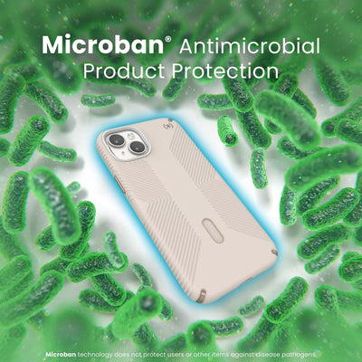 A case with phone inside is surrounded by bacteria. A blue halo around the phone keeps the bacteria away. Text reads Microban antimicrobial product protection. Microban technology does not protect users or other items against disease pathogens.#color_bleached-bone-heirloom-gold