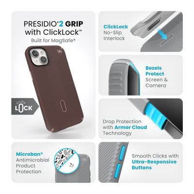 Summary of all product features such as MagSafe compatibility, ClickLock no-slip interlock, drop protection with Armor Cloud technology, Microban antimicrobial product protection, raised bezels to protect screen and camera, and smooth clicks with ultra-responsive buttons.#color_new-planet-clay-tan