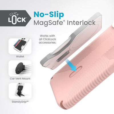 A ClickLock Wallet hovers above a ClickLock case with interlock bolt extended and arrow pointing to bolt receptacle on case. Text in image reads ClickLock No-Slip MagSafe Interlock. Works with all ClickLock accessories - Wallet, Car Vent Mount, and StandyGrip.#color_dahlia-pink-rose-copper