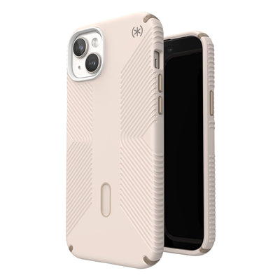 Three-quarter view of back of phone case simultaneously shown with three-quarter front view of phone case.#color_bleached-bone-heirloom-gold