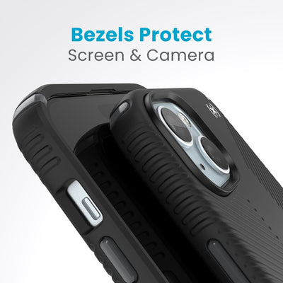 A case with phone inside with camera facing up is lying on top of a case with phone inside with screen facing up. Both are at a sharp angle clearly showing case's raised bezels around screen and camera. Text reads bezels protect screen and camera.#color_black-slate-grey