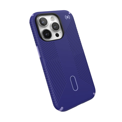 Tilted three-quarter angled view of back of phone case.#color_future-blue-purple-ink