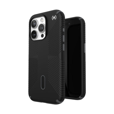 Three-quarter view of back of phone case simultaneously shown with three-quarter front view of phone case.#color_black-slate-grey