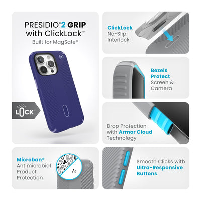 Summary of all product features such as MagSafe compatibility, ClickLock no-slip interlock, drop protection with Armor Cloud technology, Microban antimicrobial product protection, raised bezels to protect screen and camera, and smooth clicks with ultra-responsive buttons.#color_future-blue-purple-ink