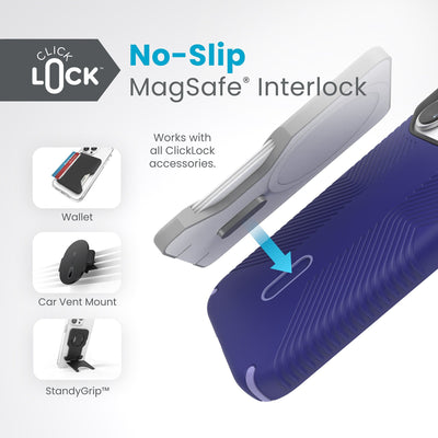 A ClickLock Wallet hovers above a ClickLock case with interlock bolt extended and arrow pointing to bolt receptacle on case. Text in image reads ClickLock No-Slip MagSafe Interlock. Works with all ClickLock accessories - Wallet, Car Vent Mount, and StandyGrip.#color_future-blue-purple-ink