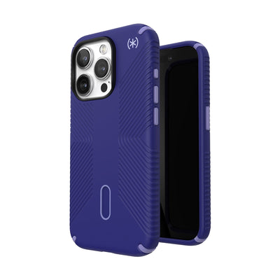 Three-quarter view of back of phone case simultaneously shown with three-quarter front view of phone case.#color_future-blue-purple-ink