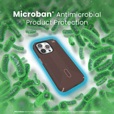A case with phone inside is surrounded by bacteria. A blue halo around the phone keeps the bacteria away. Text reads Microban antimicrobial product protection. Microban technology does not protect users or other items against disease pathogens.#color_new-planet-clay-tan