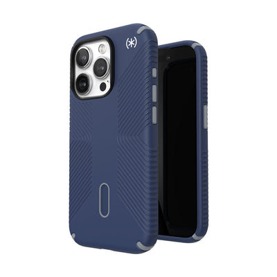 Three-quarter view of back of phone case simultaneously shown with three-quarter front view of phone case.#color_coastal-blue-dust-grey