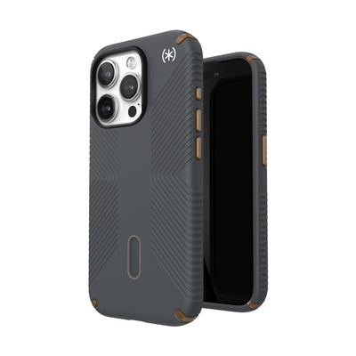 Three-quarter view of back of phone case simultaneously shown with three-quarter front view of phone case.#color_charcoal-grey-cool-bronze