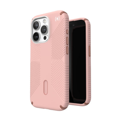 Three-quarter view of back of phone case simultaneously shown with three-quarter front view of phone case.#color_dahlia-pink-rose-copper